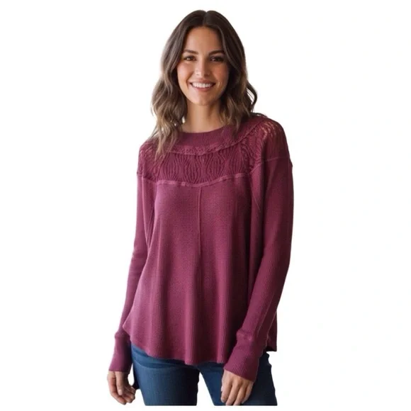 FREE PEOPLE Lace Yoke Top Burgundy Waffle Knit Mock Neck M Boho - Picture 3 of 10